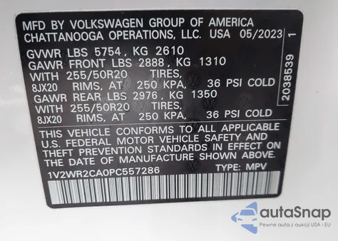 2023 Volkswagen Atlas 3.6L V6 Se W/Technology z USA, uszkodzony, nr VIN 1V2WR2CA0PC557286